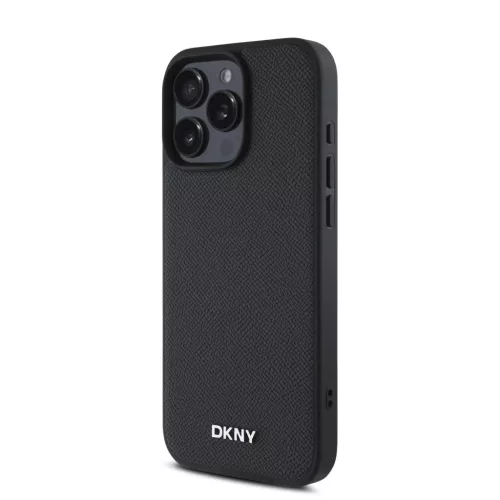 iPhone 16 Pro Fekete DKNY PU Bőr Ezüst Fém Logó Magsafe Tok