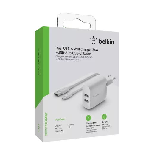 Belkin Boost Charger 24w USB-A Kettős Fali Töltő 1m A-C Kábellel - Fehér