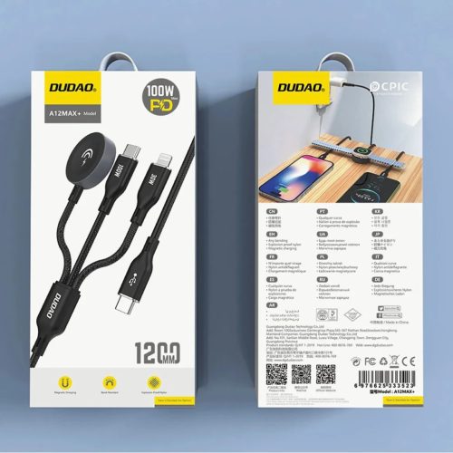 Apple Watch Dudao A12Max+ PD 100W 3 az 1-ben Töltőkábel: USB-C Lightning 1.2m - Fekete