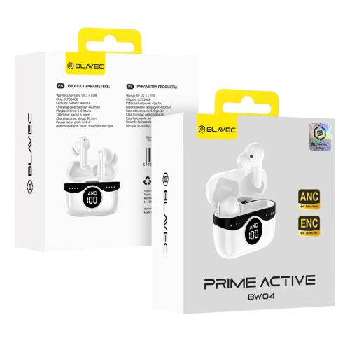 Blavec Bluetooth TWS Fülhallgató BW04 Prime Aktív ANC+ENC (BW04PA-W) fehér