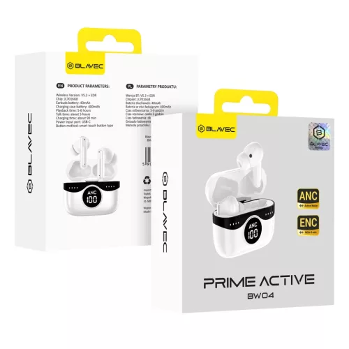 Blavec Bluetooth TWS Fülhallgató BW04 Prime Aktív ANC+ENC (BW04PA-W) fehér