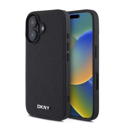iPhone 16 Plus Fekete DKNY PU bőr Ezüst Fém Logó Magsafe Tok