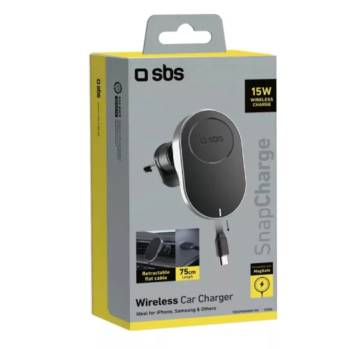 SBS TESUPP15WRETRACABL vezeték nélküli töltős autós telefontartó visszahúzható kábellel kompatibilis a MagSafe-vel - Fekete