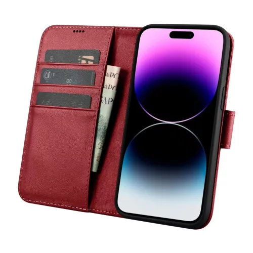 iCarer Wallet Case 2in1 iPhone 14 Pro Max bőr fliptok Anti-RFID Piros tok