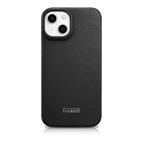 iCarer CE Prémium Bőr Fliptok iPhone 14 Plus mágneses fliptok MagSafe fekete (WMI14220715-BK) tok