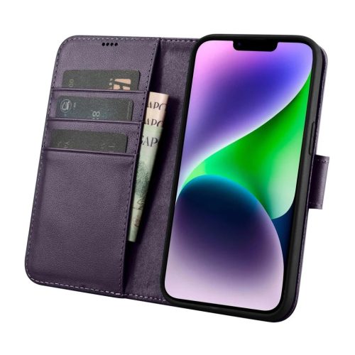 iCarer Wallet Case 2in1 iPhone 14 Plus Anti-RFID bőr fliptok sötétlila tok