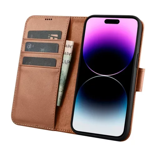 iCarer Wallet Case 2in1 iPhone 14 Pro Max bőr fliptok Anti-RFID barna tok
