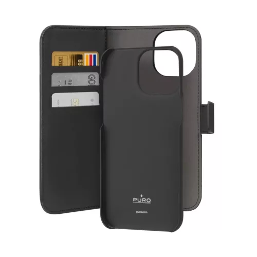 Puro Wallet Levehető MagSafe 2 az 1-ben fliptok és tárca iPhone 15 Pro-hoz - fekete tok