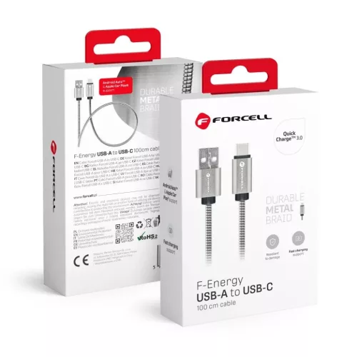 FORCELL F-ENERGY Metal C234 kábel USB A-ról Type-C-re QC3.0 2,4A 12W 1 m ezüst