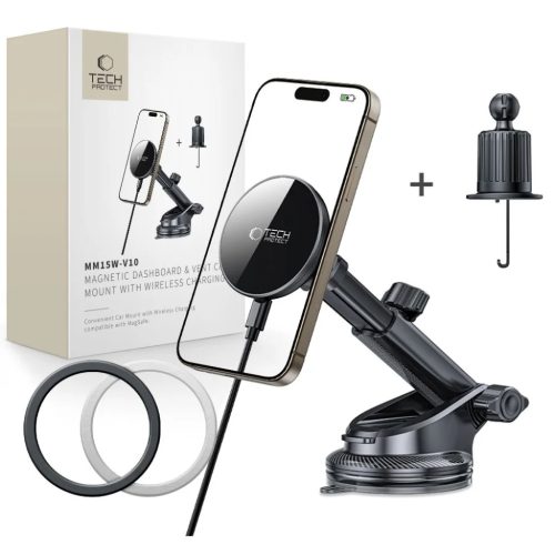 Tech-Protect Mm15w-v10 Mágneses Magsafe Műszerfalra és Szellőzőre Erősíthető Vezeték Nélküli Autós Töltő 15W Fekete