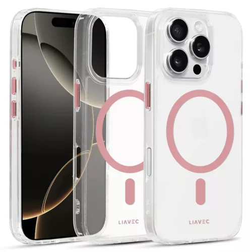Liavec fényes Magsafe átlátszó tok iPhone 16 Pro-hoz rózsaszín tok