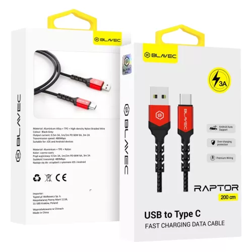 Blavec Kábel Raptor fonott - USB és Type C - 3A 2 méter Apple CarPlay/Android Auto (CRA-UC3BR20) fekete-piros,