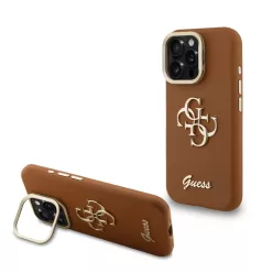   iPhone 16 Pro Barna Guess PU Grained 4G Logo Stand Camera Frame tok
