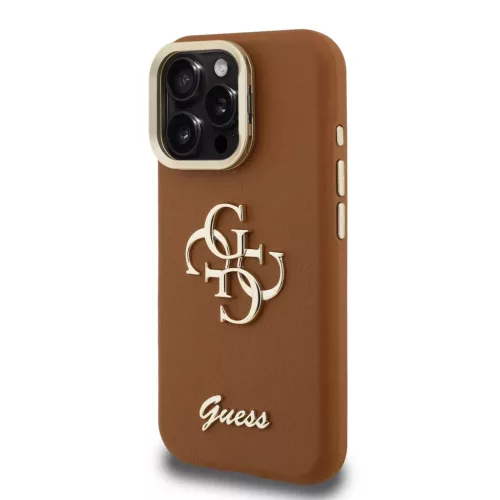 iPhone 16 Pro Barna Guess PU Grained 4G Logo Stand Camera Frame tok