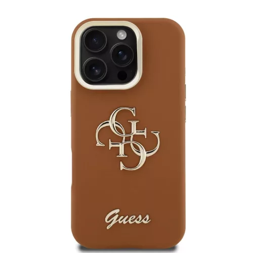 iPhone 16 Pro Barna Guess PU Grained 4G Logo Stand Camera Frame tok