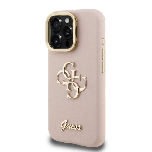 Guess PU Grained 4G Logo Állványos Kamera Keretes Tok iPhone 15 Pro Max Pink