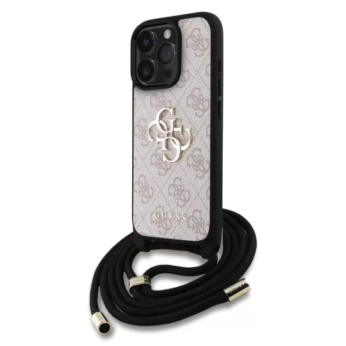 iPhone 16 Pro Pink Guess PU 4G Fém Logós Keresztpántos Tok