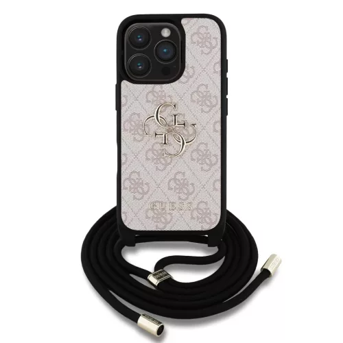 iPhone 16 Pro Pink Guess PU 4G Fém Logós Keresztpántos Tok