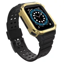   Protect Strap Band csuklópánt tokkal Apple Watch 9 / 8 / 7 / 6 / 5 / 4 / 3 / 2 / SE / SE2 (41 / 40 / 38mm) esetén, páncélozott borítás óra számára Fekete / Arany színben