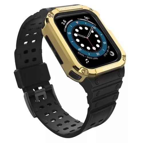 Protect Strap Band csuklópánt tokkal Apple Watch 9 / 8 / 7 / 6 / 5 / 4 / 3 / 2 / SE / SE2 (41 / 40 / 38mm) esetén, páncélozott borítás óra számára Fekete / Arany színben