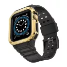 Protect Strap Band csuklópánt tokkal Apple Watch 9 / 8 / 7 / 6 / 5 / 4 / 3 / 2 / SE / SE2 (41 / 40 / 38mm) esetén, páncélozott borítás óra számára Fekete / Arany színben
