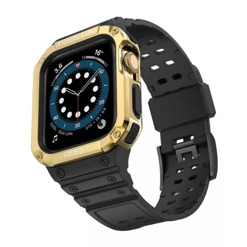 Protect Strap Band csuklópánt tokkal Apple Watch 9 / 8 / 7 / 6 / 5 / 4 / 3 / 2 / SE / SE2 (41 / 40 / 38mm) esetén, páncélozott borítás óra számára Fekete / Arany színben