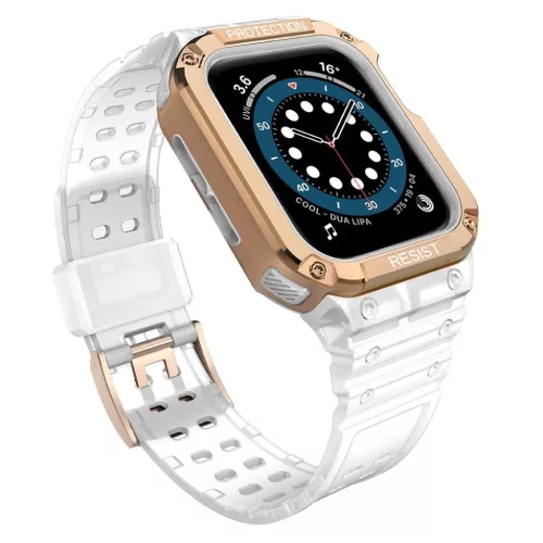 Protect Strap szíj karpánt tokkal Apple Watch 9 / 8 / 7 / 6 / 5 / 4 / 3 / 2 / SE / SE2 (41 / 40 / 38mm) tok páncél borítás órához átlátszó / rozéarany