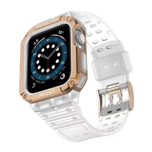 Protect Strap szíj karpánt tokkal Apple Watch 9 / 8 / 7 / 6 / 5 / 4 / 3 / 2 / SE / SE2 (41 / 40 / 38mm) tok páncél borítás órához átlátszó / rozéarany