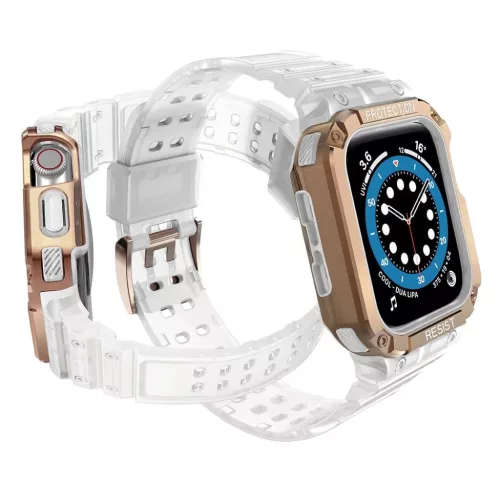 Protect Strap szíj karpánt tokkal Apple Watch 9 / 8 / 7 / 6 / 5 / 4 / 3 / 2 / SE / SE2 (41 / 40 / 38mm) tok páncél borítás órához átlátszó / rozéarany