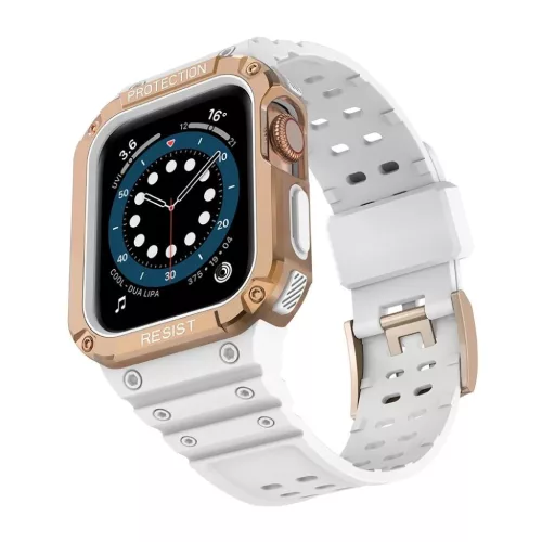 Protect Strap Band karpánt tok Apple Watch 9 / 8 / 7 / 6 / 5 / 4 / 3 / 2 / SE / SE2 (41 / 40 / 38mm) páncélozott tok fehér / rózsa arany