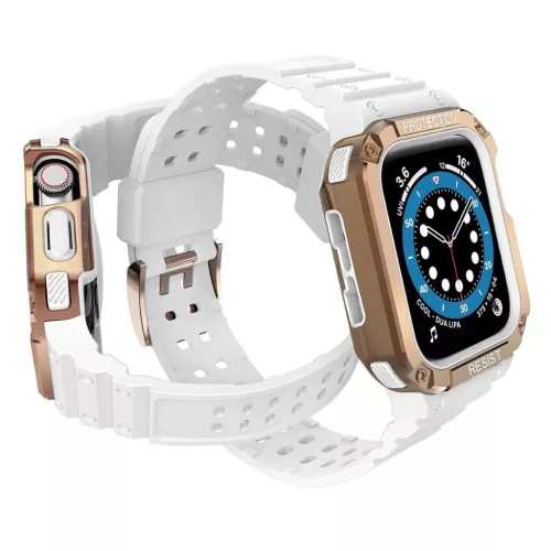 Protect Strap Band karpánt tok Apple Watch 9 / 8 / 7 / 6 / 5 / 4 / 3 / 2 / SE / SE2 (41 / 40 / 38mm) páncélozott tok fehér / rózsa arany