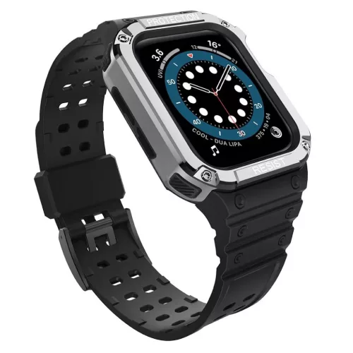 Protect Strap Band pánt és tok Apple Watch 9 / 8 / 7 / 6 / 5 / 4 / 3 / 2 / SE / SE2 (41 / 40 / 38mm) óratok páncélozott borítás fekete / ezüst