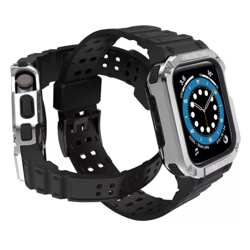 Protect Strap Band pánt és tok Apple Watch 9 / 8 / 7 / 6 / 5 / 4 / 3 / 2 / SE / SE2 (41 / 40 / 38mm) óratok páncélozott borítás fekete / ezüst