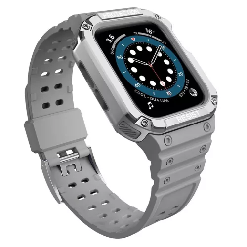 Protect Strap Band tok + szíj Apple Watch 9 / 8 / 7 / 6 / 5 / 4 / 3 / 2 / SE / SE2 (41 / 40 / 38mm) Páncélozott fedél óraszürke / ezüst