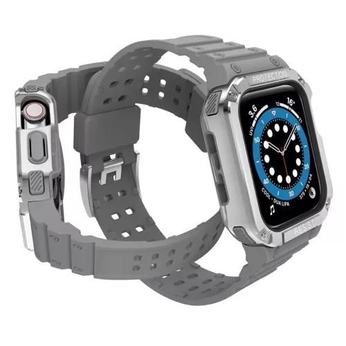 Protect Strap Band tok + szíj Apple Watch 9 / 8 / 7 / 6 / 5 / 4 / 3 / 2 / SE / SE2 (41 / 40 / 38mm) Páncélozott fedél óraszürke / ezüst