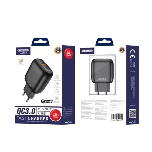 JELLICO fali töltő C32 18W 1xUSB QC3.0 + Lightning kábel Fekete