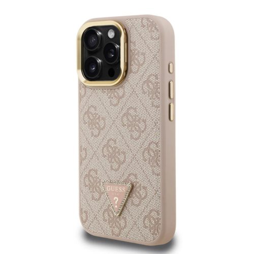Guess PU 4G Strass Triangle Logo Stand Camera Frame MagSafe tok iPhone 15 Pro Max Pink