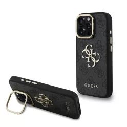   iPhone 16 Pro fekete Guess PU 4G Metal Logo Stand Camera Frame tok