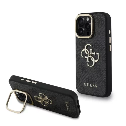 iPhone 16 Pro fekete Guess PU 4G Metal Logo Stand Camera Frame tok