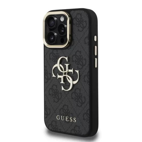 iPhone 16 Pro fekete Guess PU 4G Metal Logo Stand Camera Frame tok