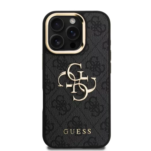 iPhone 16 Pro fekete Guess PU 4G Metal Logo Stand Camera Frame tok
