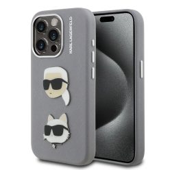   iPhone 15 Pro Max szürke Karl Lagerfeld Grained PU K&CH Heads tok