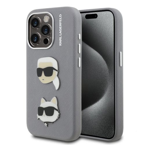 iPhone 15 Pro Max szürke Karl Lagerfeld Grained PU K&CH Heads tok