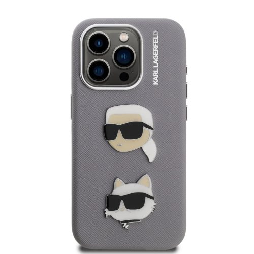 iPhone 15 Pro Max szürke Karl Lagerfeld Grained PU K&CH Heads tok
