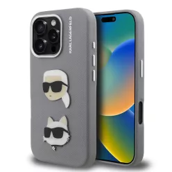   iPhone 16 Pro Szürke Karl Lagerfeld Grained PU K&CH Heads tok