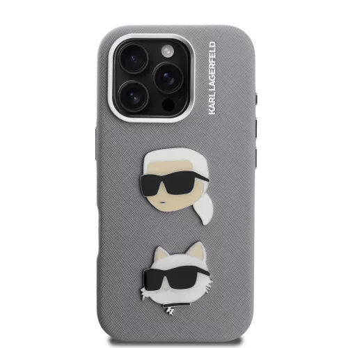 iPhone 16 Pro Szürke Karl Lagerfeld Grained PU K&CH Heads tok