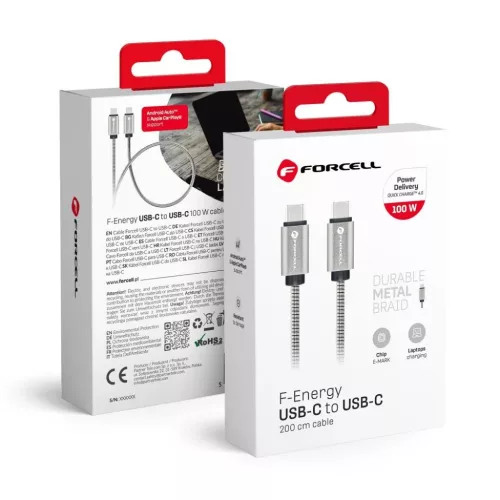 FORCELL F-ENERGY Metal C239 kábel Type C to Type C PD QC4.0 5A 100W E-mark 2 m ezüst