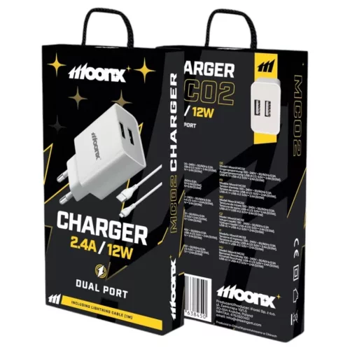 MOONX fali töltő MC02 2.4A 12W 2xUSB + Lightning kábel Fehér
