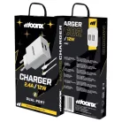 MOONX hálózati töltő adapter MC02 2.4A 12W 2xUSB + kábel Micro Fehér