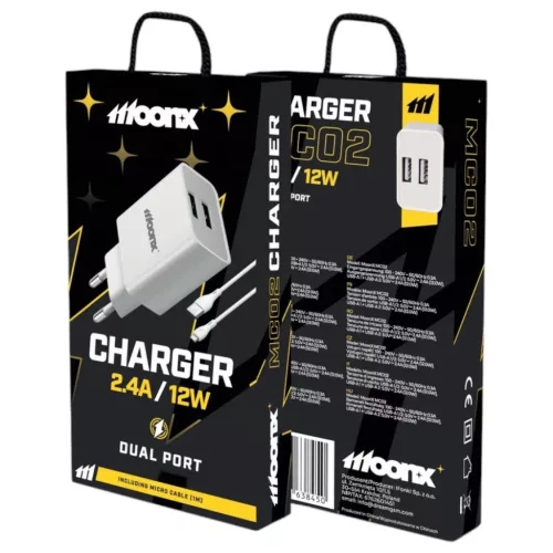 MOONX hálózati töltő adapter MC02 2.4A 12W 2xUSB + kábel Micro Fehér